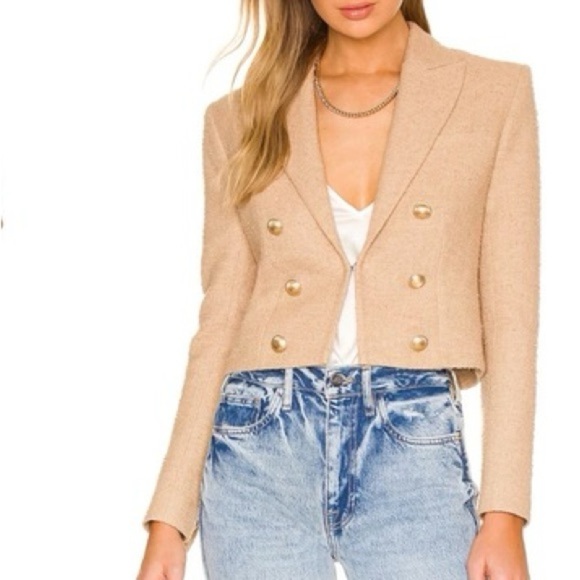 🥒 House of Harlow 1960 Double Breasted Tweed Crop Blazer Jacket Gold Buttons M - Picture 1 of 11